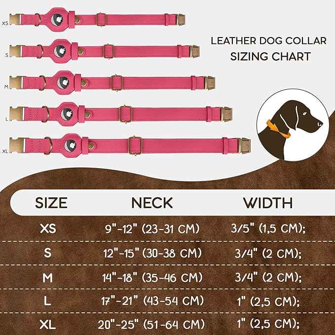 AirTag Dog Collar - Genuine Leather Dog Collar with Apple AirTag Holder and Metal Buckle - Smart GPS Tracking Pet Collars (Pink, XS, 9"-12" Neck Fit)
