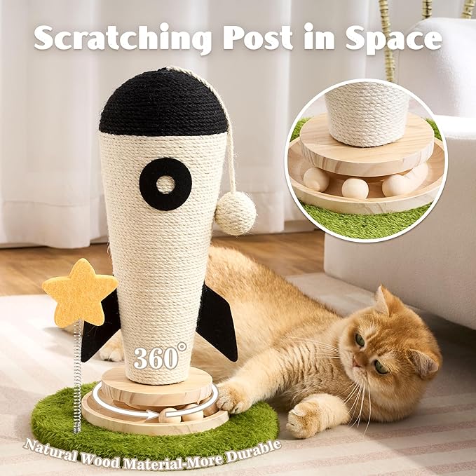 Cat Scratching Post, Rocket Cute Sisal Cat Scratcher with Durable Solid Wood Turntable Toy, Cat Scratch Post Red Cat Scratcher with Spinning Star Toy for Indoor Adult Cats