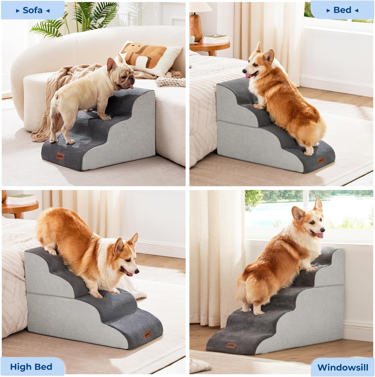 Dog Stairs for High Beds 22.8" H - Pet Stairs Ramp for Couch, 35D Foam Dog Steps for Small to Large Dogs with Non-Slip Bottom Grey, 5 Steps - Pet Explorer