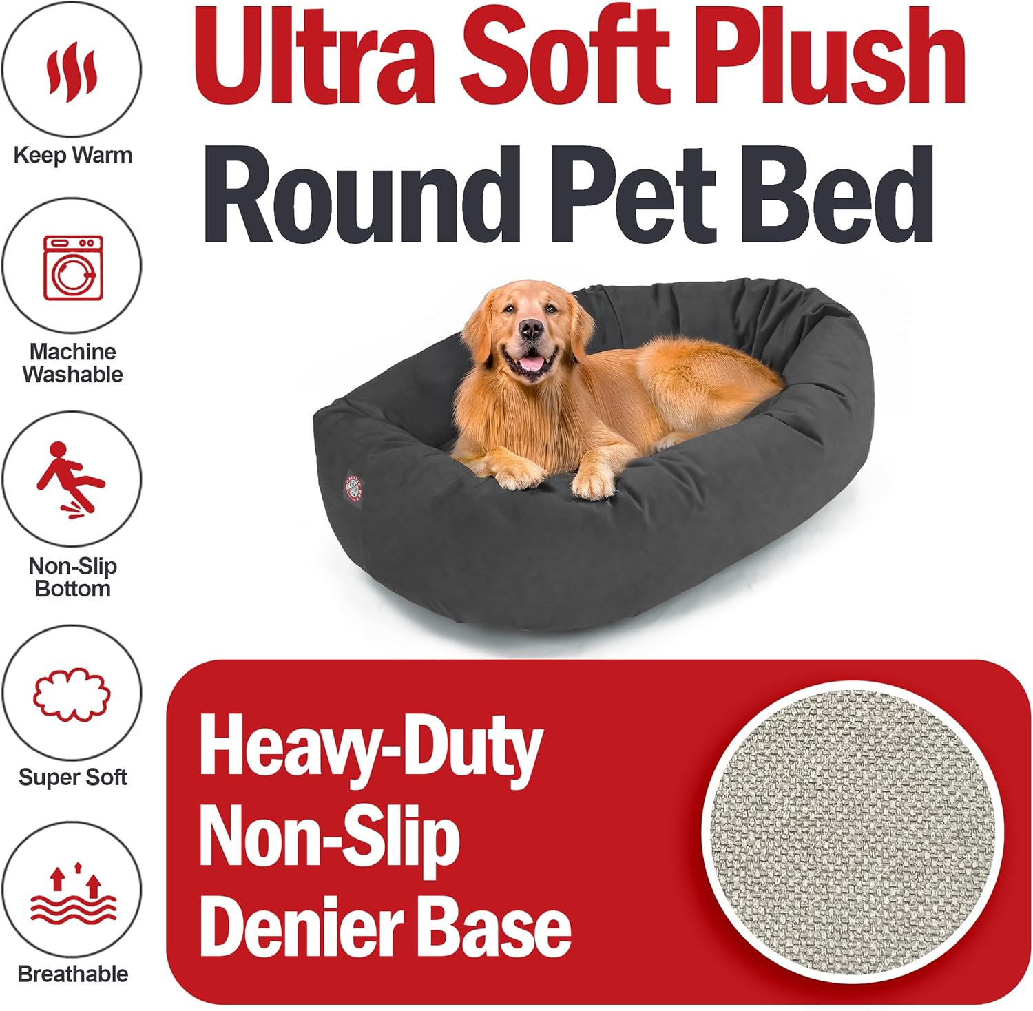 Majestic Pet 40 Inch Suede Shredded Memory Foam Mix Calming Large Dog Bed Washable 40 x 29 x 9 (Inch) - Cozy Soft Round Donut Dog Bed with Spine for Head Support - Pet Bed Gray - Pet Explorer
