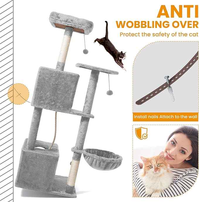54 Inch Multi-Level Cat Tree Tower with Hammock, Condos & Scratching Posts, Large Cat Furniture for Indoor Cats with Pompoms, Light Grey