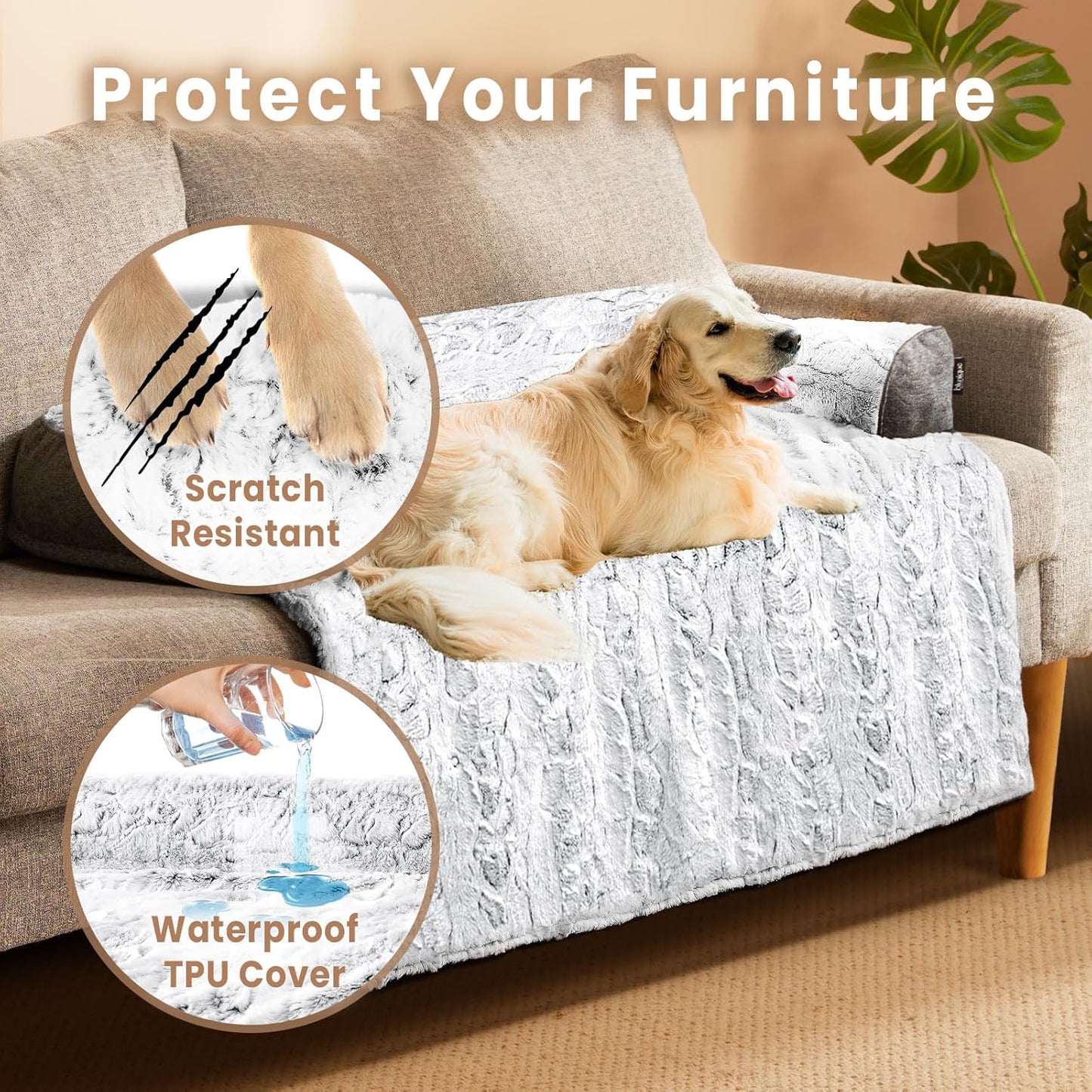 Calming Extra Large Dog Couch Bed, 45 x 37 inch Waterproof Memory Foam Dog Bed for Couch, Durable Fluffy Fuzzy Dog Bed Mats with Washable Removable Cover Protector for Sofa, Bedside - Grey