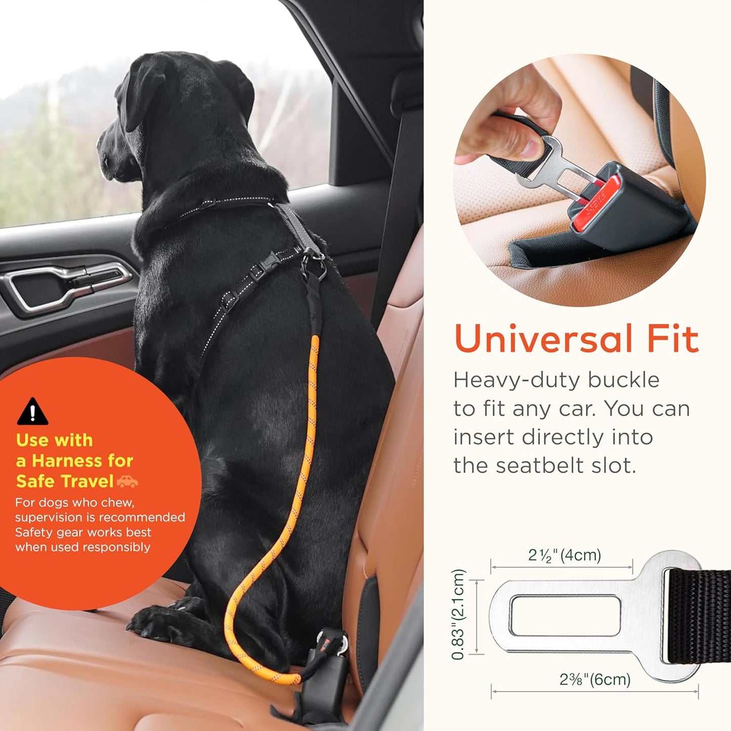 Dog Seat Belt for Car | Universal Dog Car Seatbelt | Durable Reflective Rope with Clip Hook Latch, Buckle and Carabiner- Safe and Secure Pet Safety Restraint (Orange) - Pet Explorer