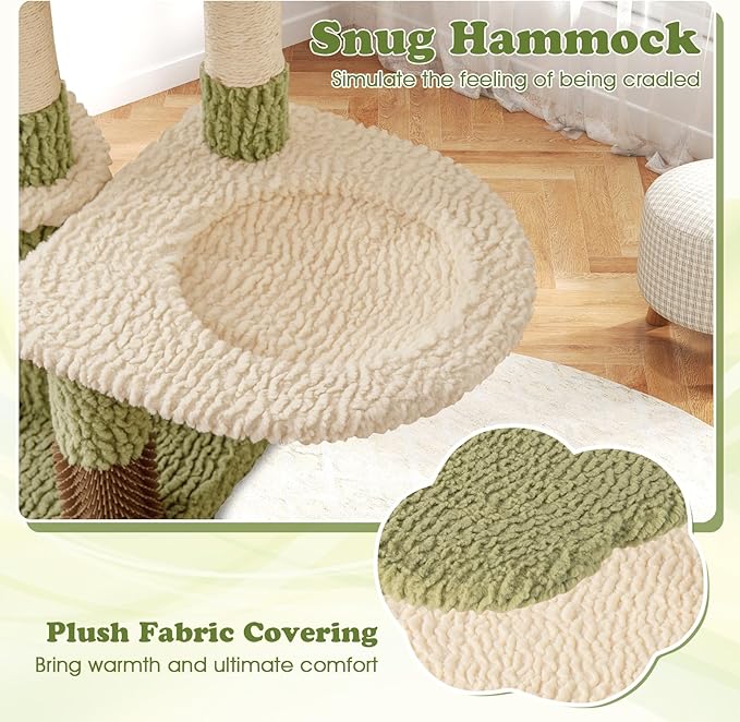 Tangkula Cute Cat Tree, Multi-Level Aesthetic Kitten Tower with Sisal Scratching Posts, Condo, Bed, Padded Plush Cushion, Self Groomer, Hammock, Perch, Green Small Cat Tree Tower for Indoor Cats