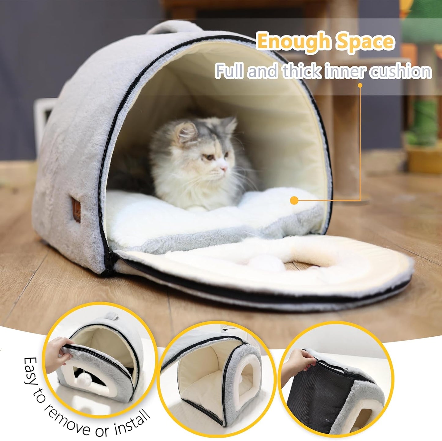 Cat Bed for Indoor Cats，Foldable cat cave，Anti-Slip & Water-Resistant Bottom，cat Houses for Indoor Cats or Small Dogs, Kitten Tent, Rabbit Bed，2 in 1 pet Bed (Grey) - Pet Explorer