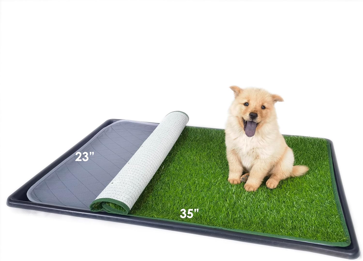 Dewonch Dog Artificial Grass Pad with Tray for Puppy Potty Training, Fake Turf Patch & Washable Pee Pad Pet Loo for Small and Medium Dogs, Indoor or Outdoor Use (Potty System 35.4” x 23.6”) - Pet Explorer