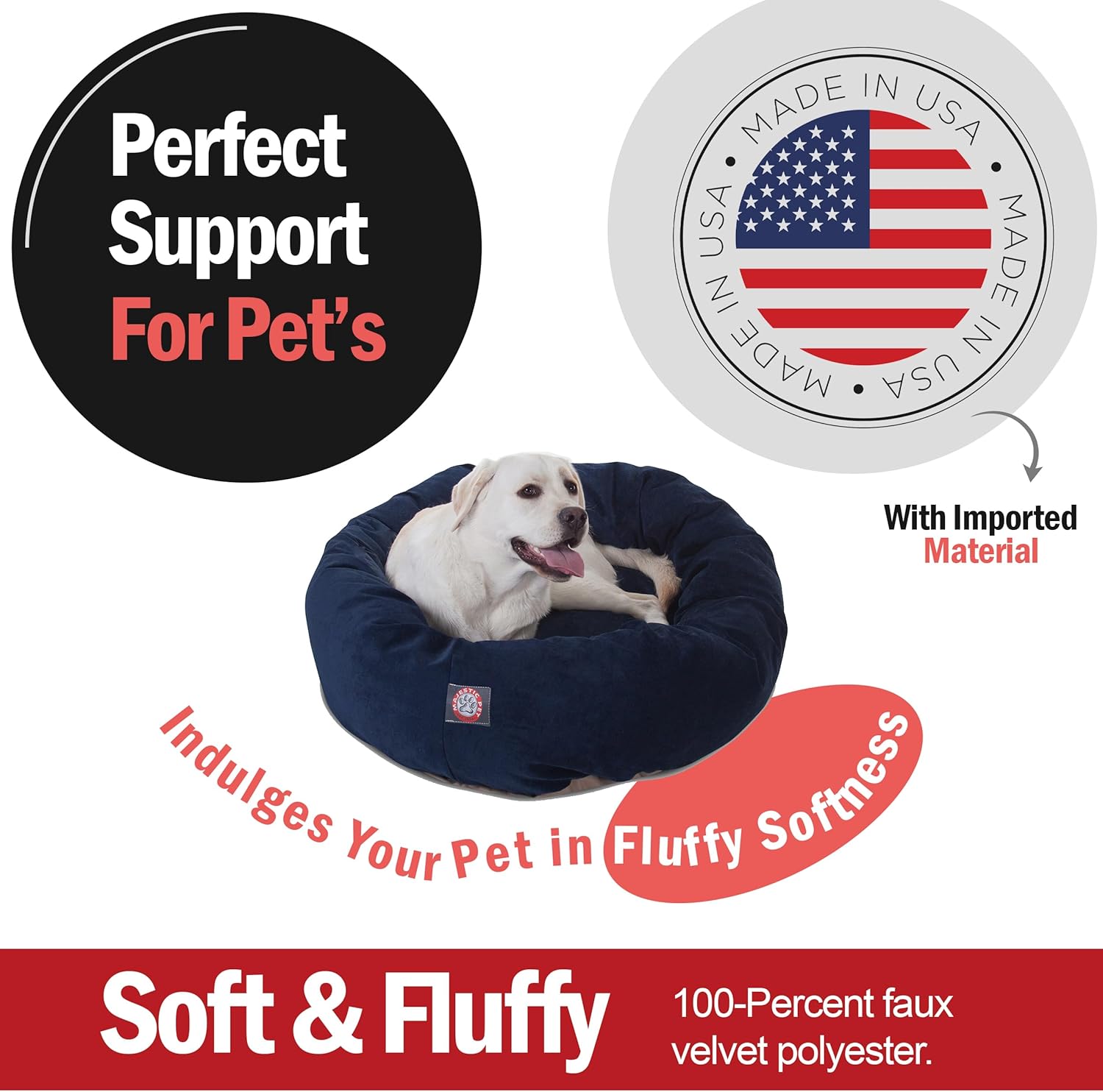Majestic Pet 40 Inch Micro Velvet Calming Dog Bed Washable – Cozy Soft Round Dog Bed with Spine for Head Support - Fluffy Donut Dog Bed 40x29x9 (inch) – Round Pet Bed Large – Navy - Pet Explorer