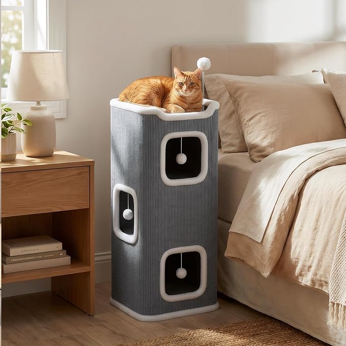 LOVEWE Modern Cat Tower, 4-Level Indoor Cat Tree Furniture with Hanging Toys, Plush Beds, Deep Gray with White Trim, Foldable Design