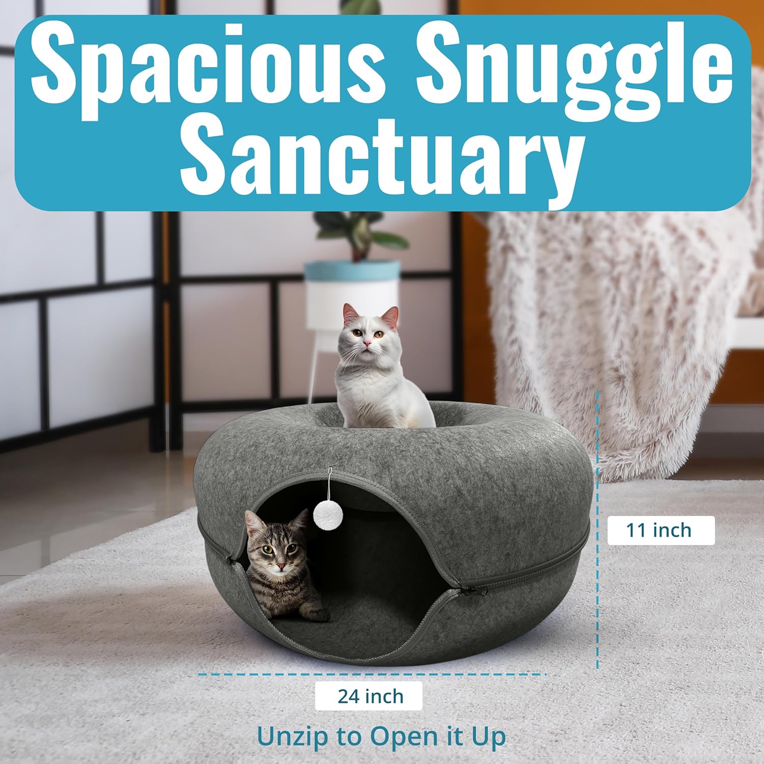 Okoco Cat Tunnel Bed for Indoor Cats Large, 24" Peekaboo Cat Cave Donut Bed for Pets up to 45lbs, 2-in-1 Round Tube with Hanging Ball Toy & Removable Machine Washable Parts (Dark Gray) - Pet Explorer