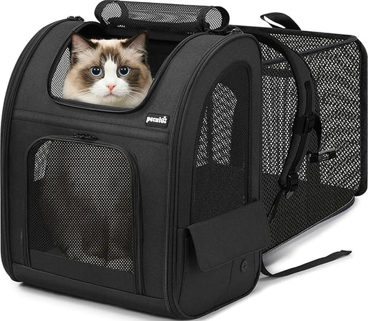 Pecute Cat Backpack Carrier XL, Expandable Pet Backpack for Cats & Small Dogs Up to 15lbs, with 4-Side Breathable Mesh, Multi-Entry & Lockable Zippers for Travel, Hiking, Camping - Hands Free, Black