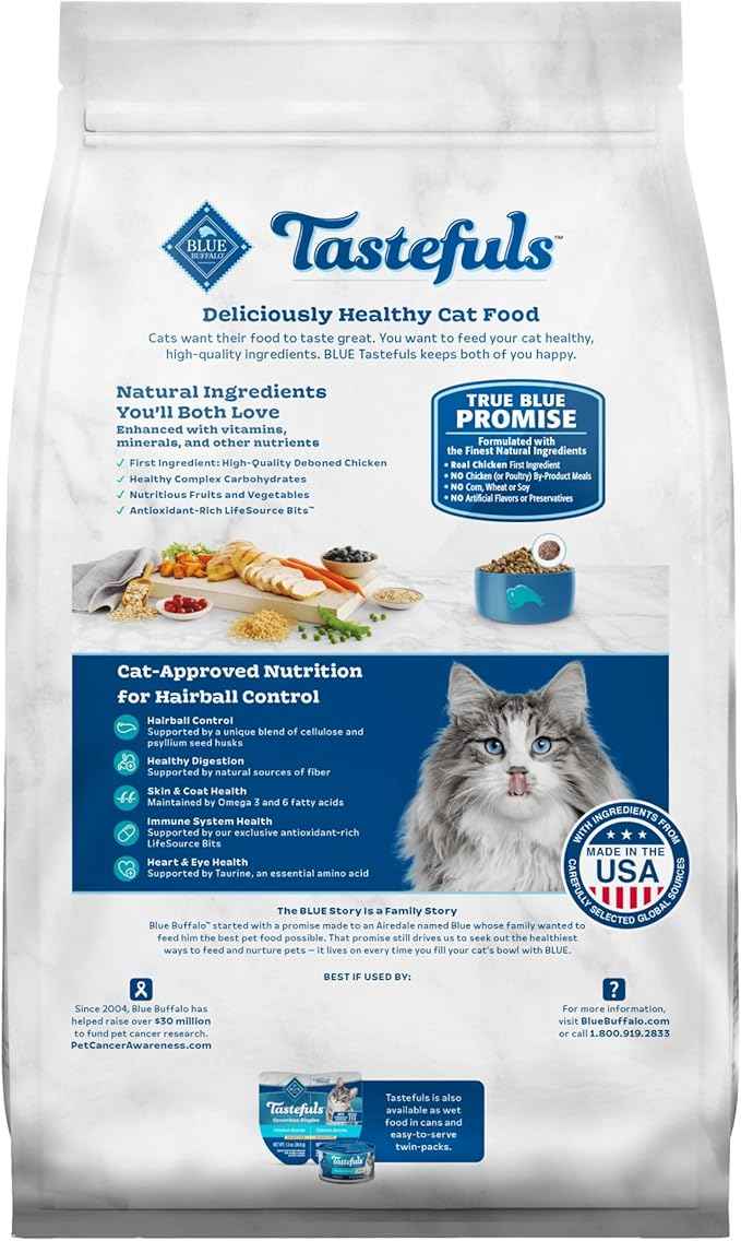 Blue Buffalo Tastefuls Adult Hairball Care Dry Cat Food, Made in the USA with Natural Ingredients, Chicken & Brown Rice Recipe, 3-lb. Resealable Bag