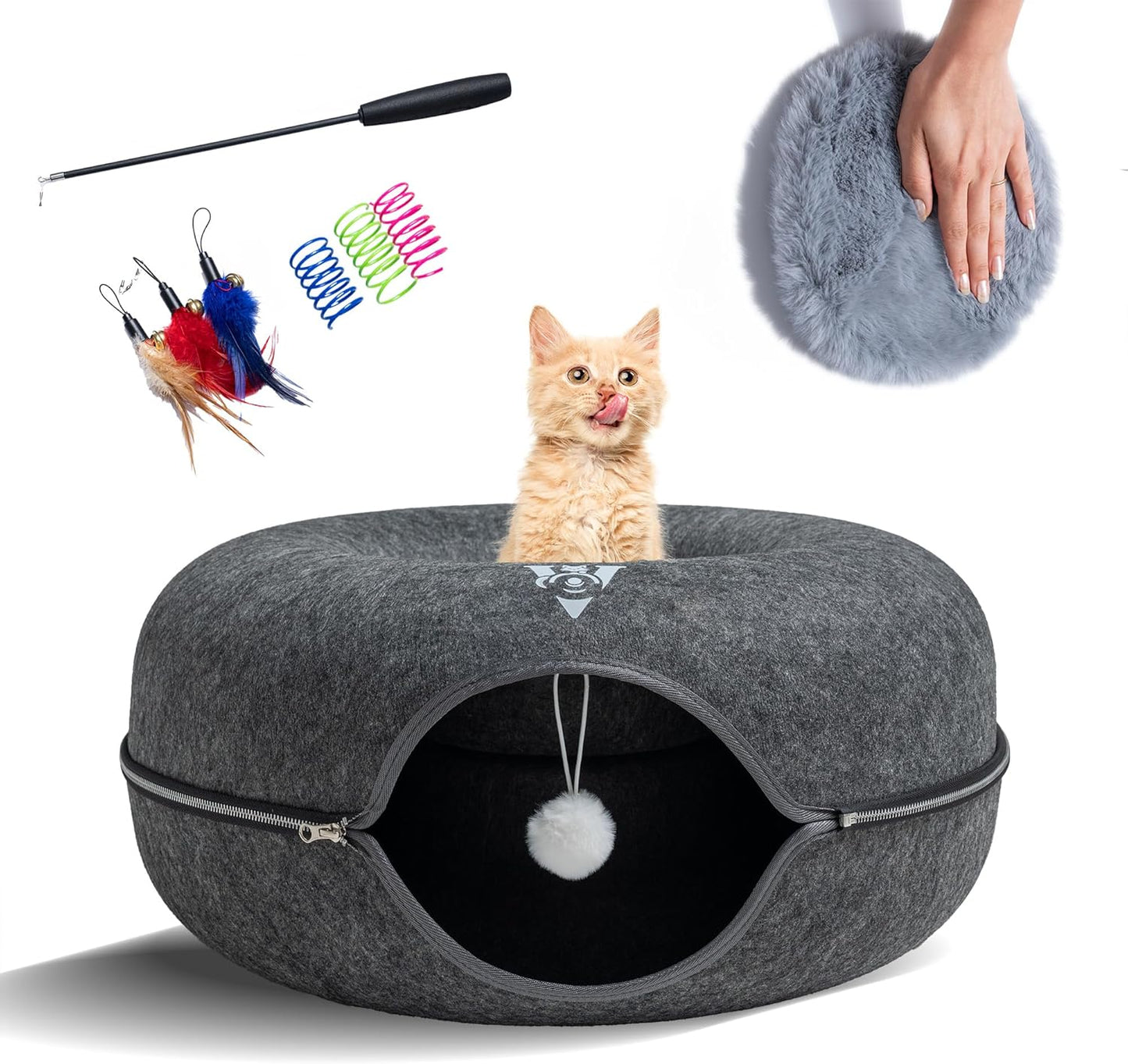 Premium Large Size 24 Inch Cat Tunnel Bed - With Upgraded Metal Zipper - Detachable Round Design - Washable - and Scratch Resistant - Includes 3 Toys and Removable Cushion - Pet Explorer