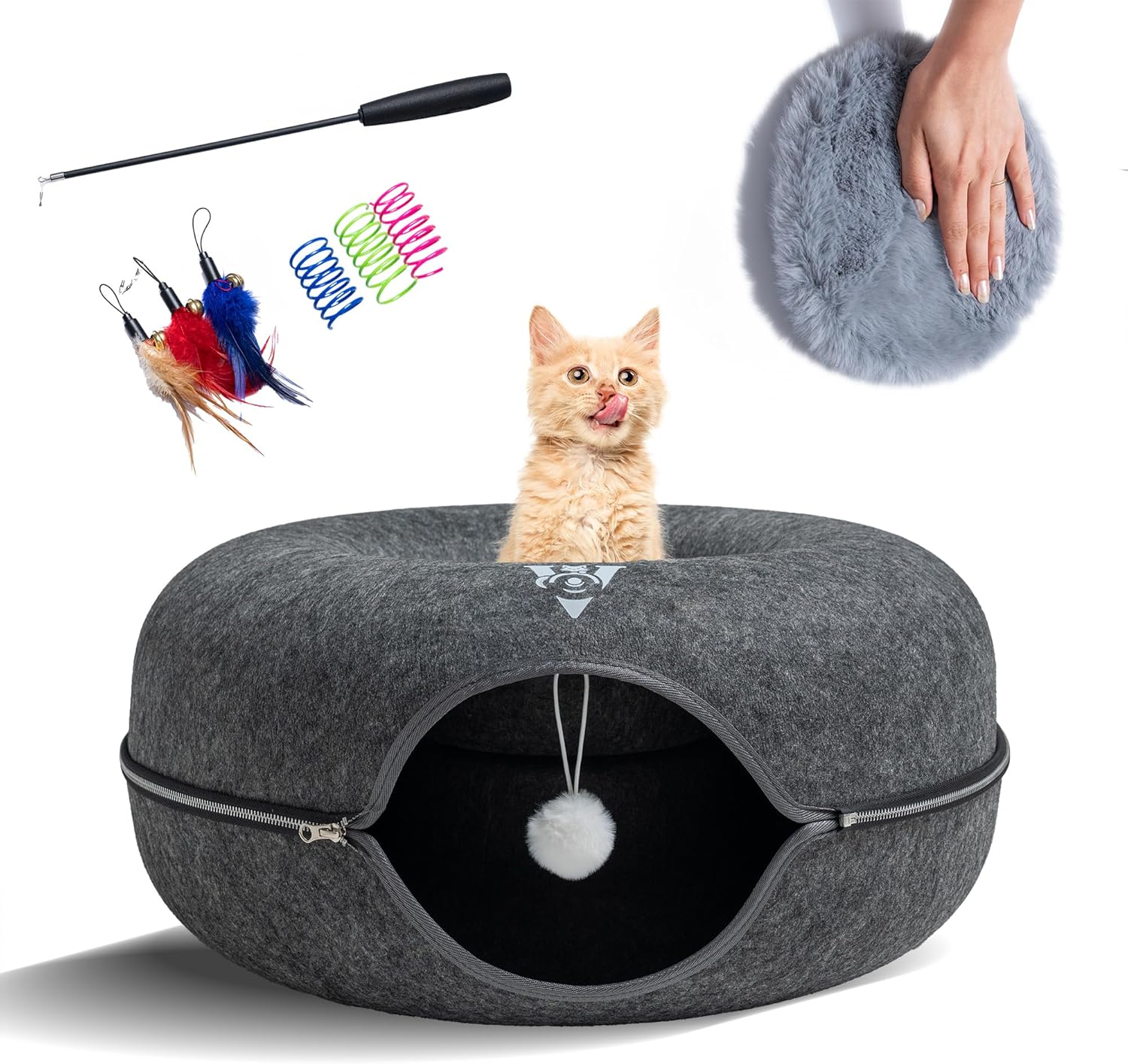 Premium Large Size 24 Inch Cat Tunnel Bed - With Upgraded Metal Zipper - Detachable Round Design - Washable - and Scratch Resistant - Includes 3 Toys and Removable Cushion - Pet Explorer