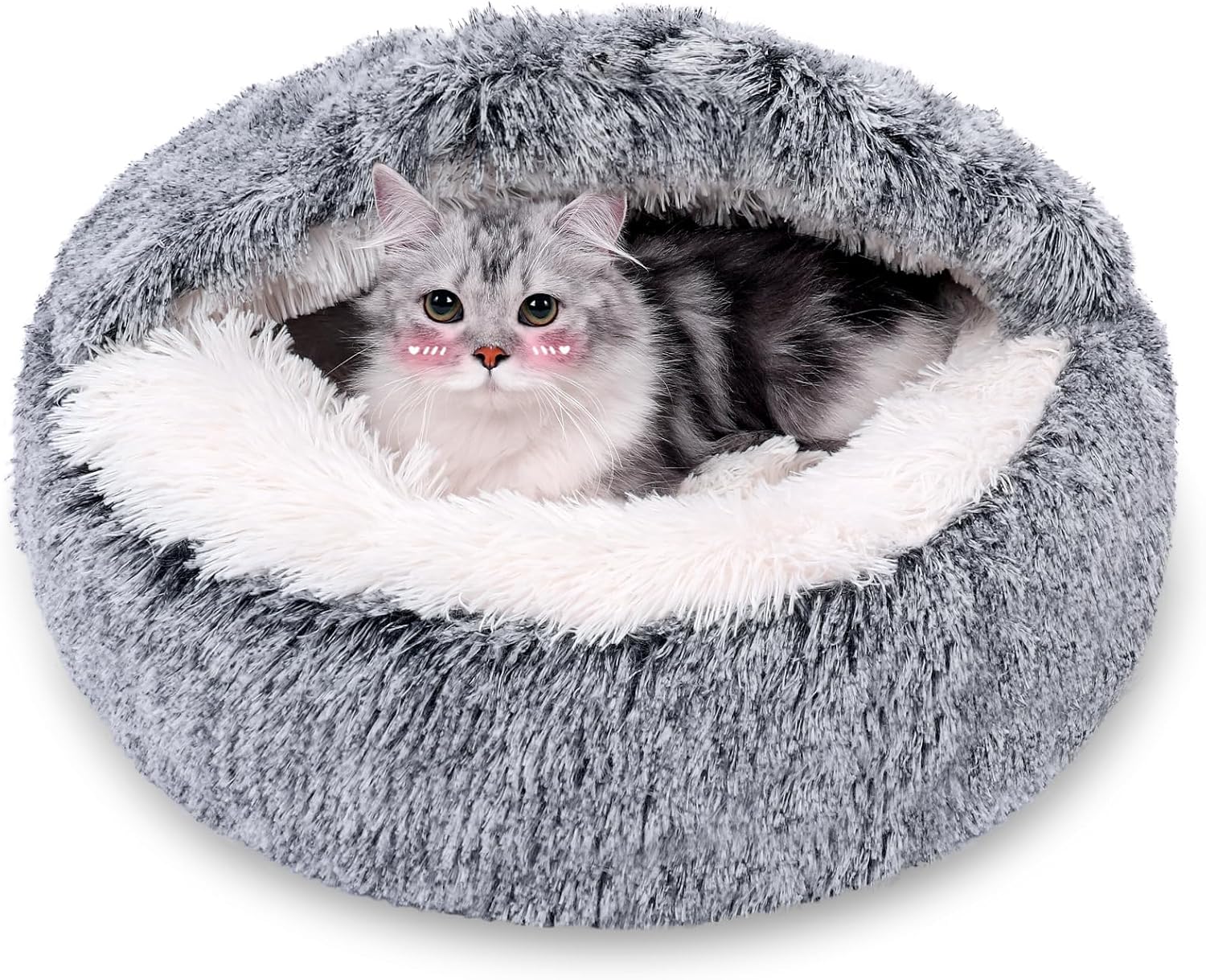 Calming Dog Beds & Cat Cave Bed with Hooded Cover,Removable Washable Round Beds for Small Medium Pets,Anti-Slip Faux Fur Fluffy Coved Bed for Improved Sleep,Fits up to 15/25 lbs(Grey,M) - Pet Explorer