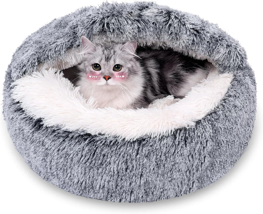 MADDEMCUTE Calming Dog & Cat Cave Bed With Hooded Cover, Removable Washable Round for Small Medium Pets, Anti-Slip Faux Fur Fluffy Coved for Improved Sleep, Fits up to 15/25 lbs (Grey, S) - Pet Explorer