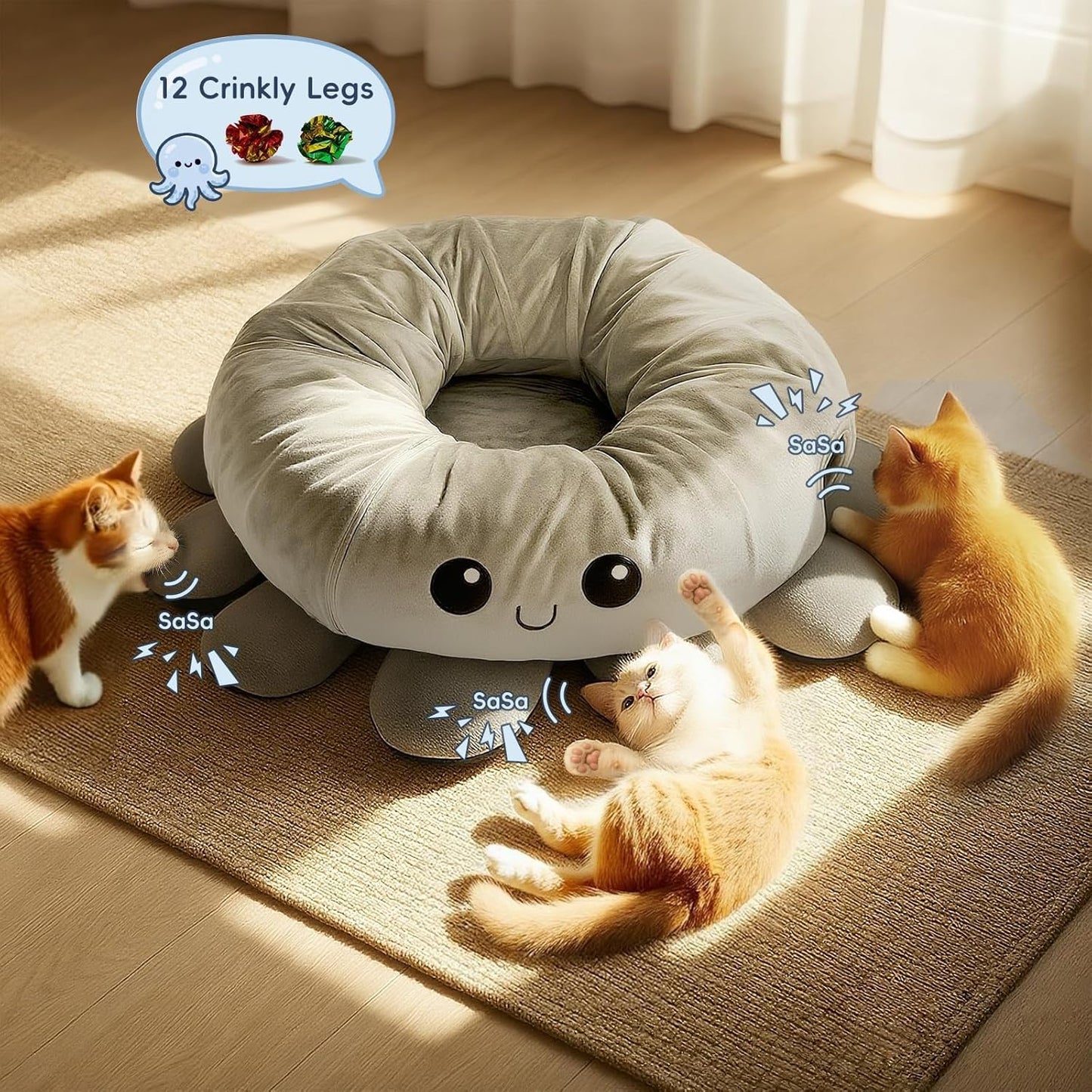 Cat Tunnel Bed for Indoor Cats, Peekaboo Cat Cave Bed,Soft Cat Donut Tunnel for Kitten Large Cats, Cute Green Octopus Shaped - Pet Explorer