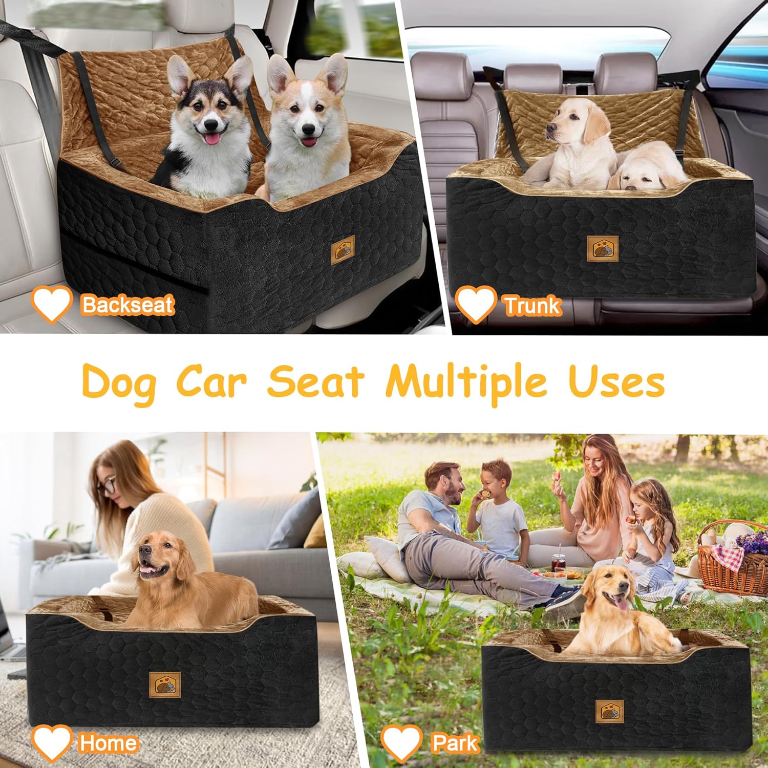 Dog Car Seat for Small/Medium Dogs, Memory Foam Dog Booster Seat, Travel Safety Per Car Seat with Washable Removable Cover, Storage Pockets for Dogs up to 35 lbs(BlackBrown) - Pet Explorer