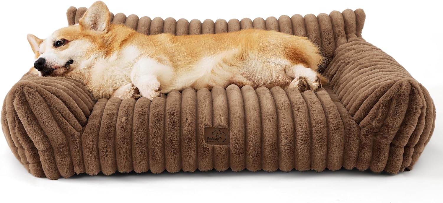 Bedsure Cute Dog Couch for Pets - Fluffy Dog Sofa with Premium Soft Corduroy Fleece, Pet Couch Bed with Washable Cover, Supportive Pet Sofa Bed for Medium Large Dogs, 36in, Copper Brown - Pet Explorer