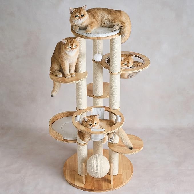 797Audio Modern Solid Wood Cat Tree Tower, 54" Tall Cat Tree with Scratching Posts, Capsule&Hammock, Luxury Natural Oak Wood Cat Tower, Aesthetic Multi-Level Cat Climbing Tree for Large Indoor Cats