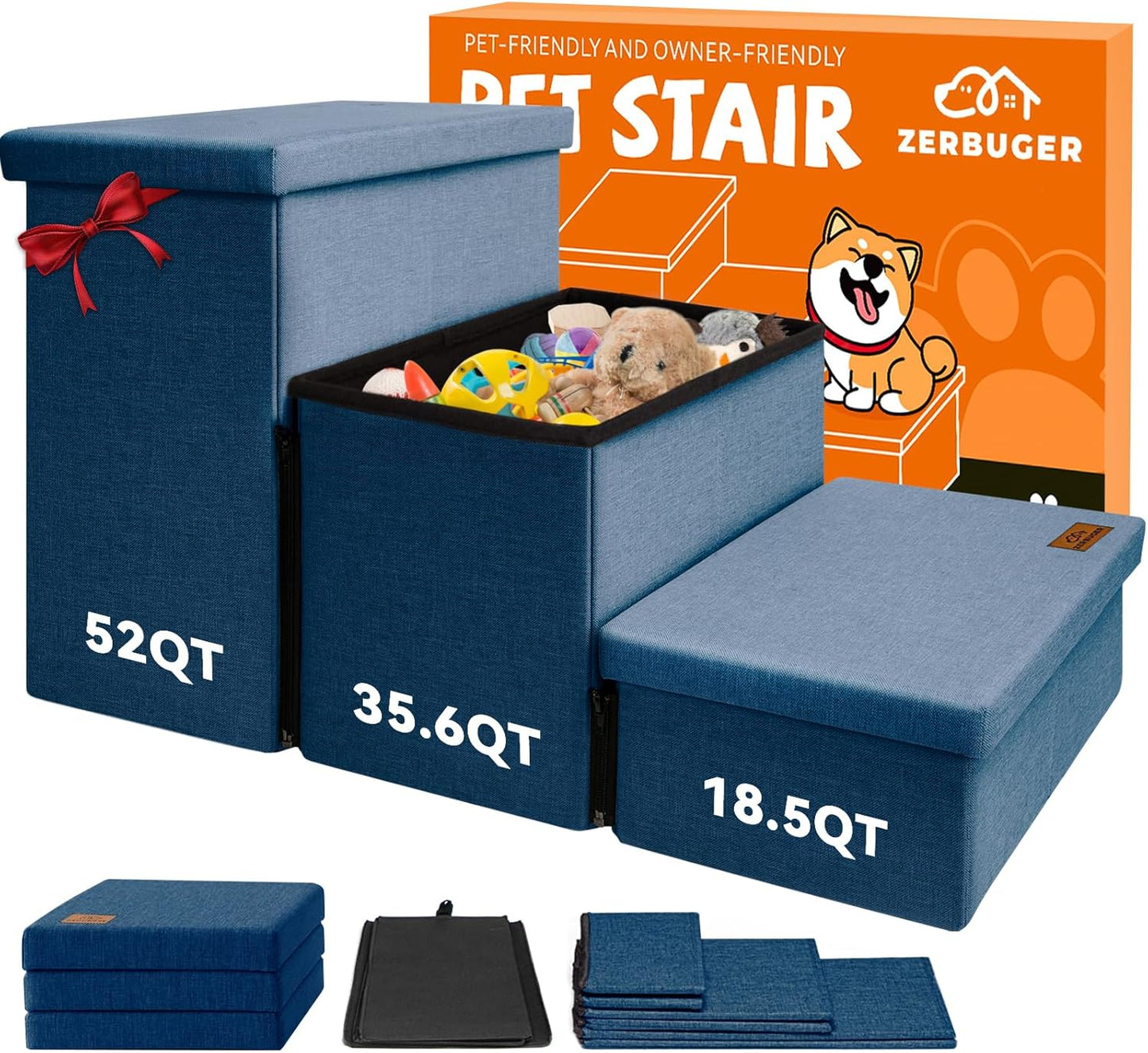 Dog Stairs with Storage 18" H, 3-Step Wider Dog Steps for Small/Medium/Large Dogs Cats, Folding Sturdy Pet Stairs Climbing Bed or Sofa, Ramp for Car Hold Up to 200 lbs (Navy Blue, No Condo) - Pet Explorer