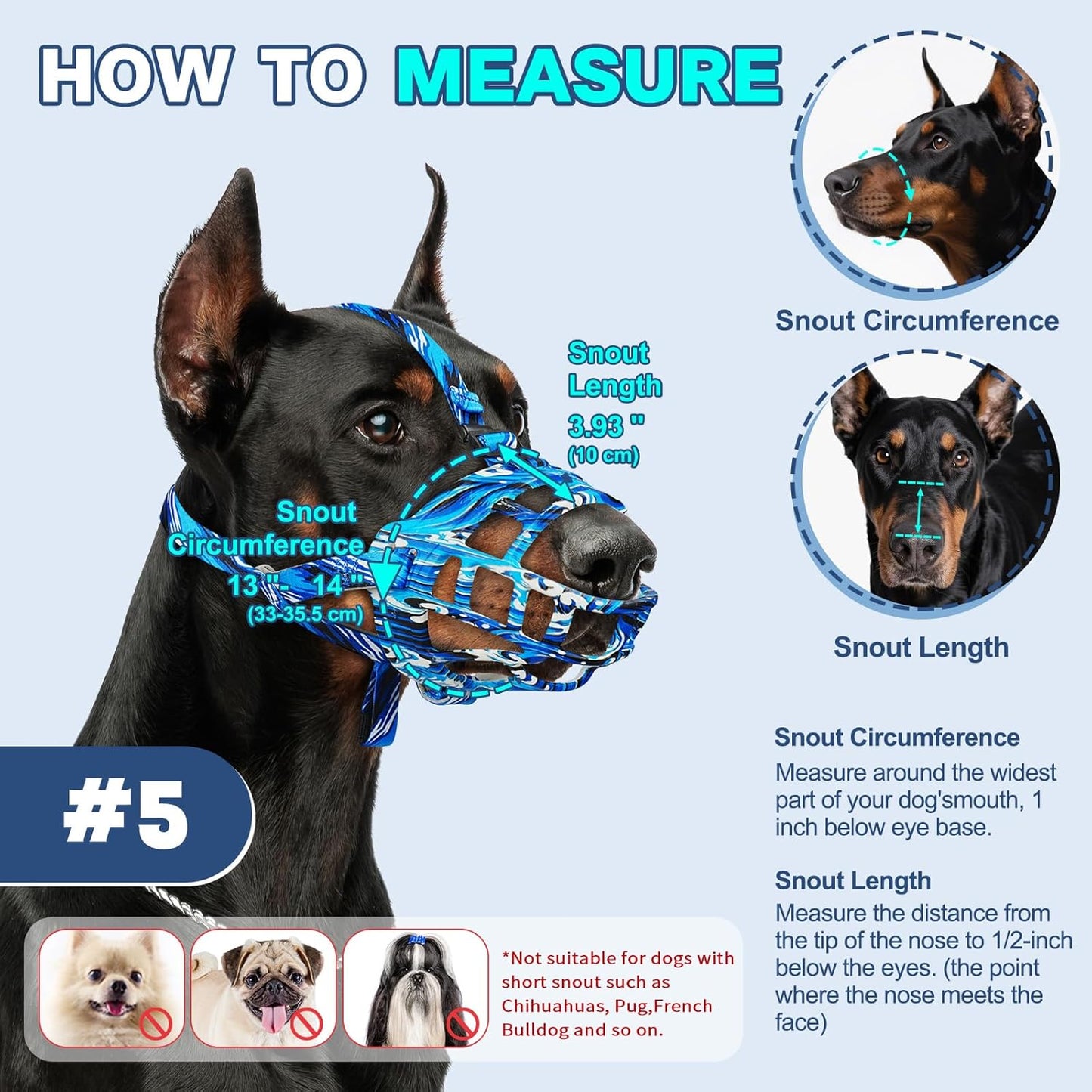 Basket Muzzle to Prevent Biting, Dog Muzzle for Large Medium Small Dogs Allows Panting Drinking Anti Chewing, Perfect for Grooming Trimming Training and Aggressive Reactive Dogs (Blue, Size 5) - Pet Explorer
