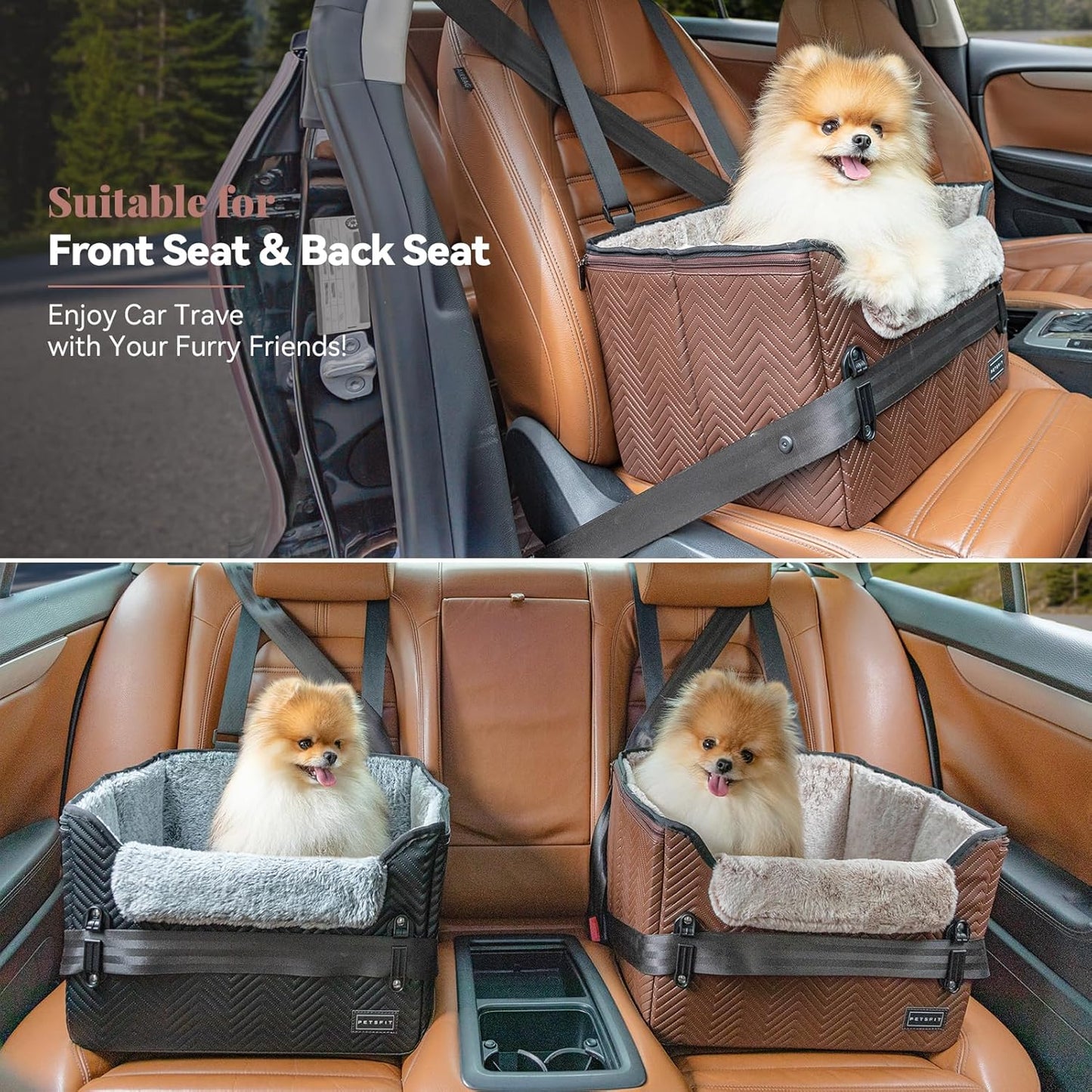 PETSFIT Car Seat for Dogs, Waterproof PU Leather Dog Car Seat for Small Dogs with Patent Safe Buckles, Clip-On Leash, Pet Travel Carrier Bed for Small Pets Up to 25lbs (Brown) - Pet Explorer