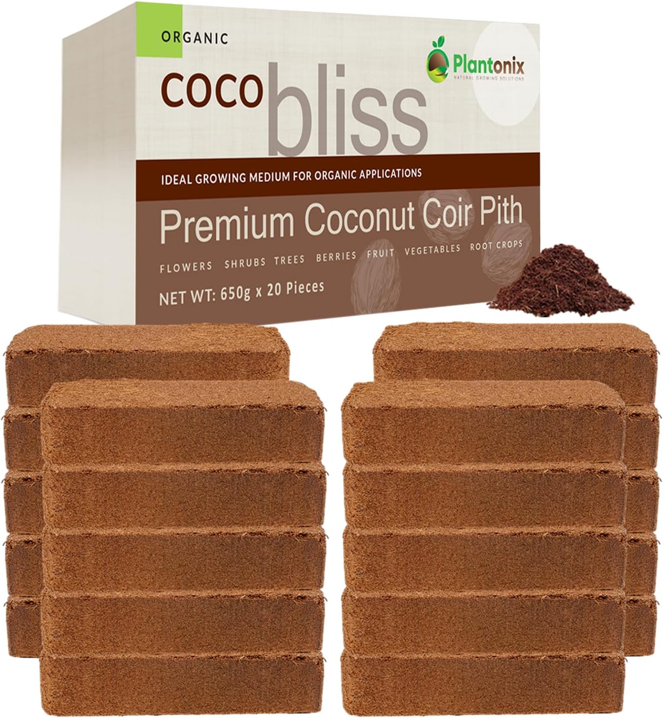 Coco Bliss Coco Coir Bricks (20-Pack, 650gm Bricks) - Organic Coco Coir for Plants - OMRI-Listed Coconut Coir for Plants - Coconut Coir Bricks - Coco Peat for Plants, Garden Soil, & Organic Mulch - Pet Explorer