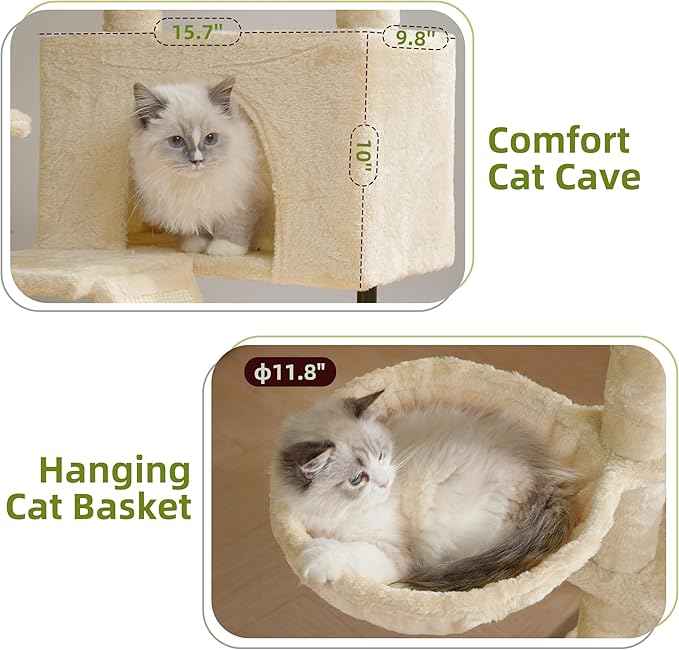 Cat Tree for Indoor Cats, Cat Tower with Scratching Post for Small Cats and Kittens, Cat House with Removable Top Platform and Fluffy Balls, Hanging Cat Basket, Beige GCT006SM