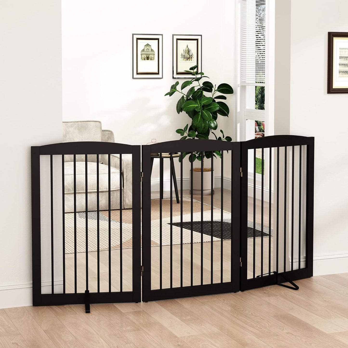 Freestanding Pet Gate for Dogs, Foldable Wooden Dog Gate for House Indoor, Tall Pet Fence for Stair, Doorway,Hall, Support Feet Included, 3 Panels 32",Brown