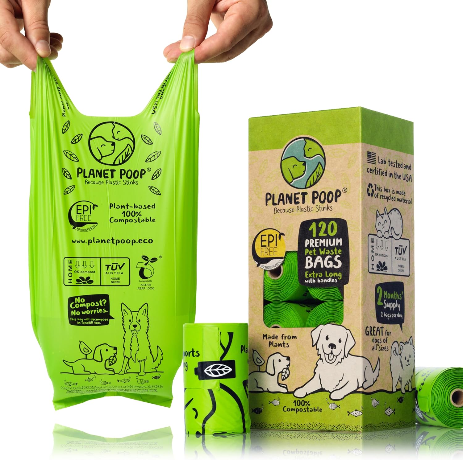 PLANET POOP Home Compostable Dog Poop Bags Extra-long with Handles 120 Un-Scented Pet Waste Bags Plastic Free, Thick Leakproof Plant-Based Doggy Bag, Cats & Dogs Pet Supplies - Pet Explorer