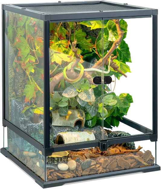 24x18x18'' 35 Gallon Glass Reptile Tank Front Opening Terrarium Suitable for Leopard Geckos, Snakes, Tree Frogs, Chameleons,Watertight Base, Ventilated Metal Mesh Top, Pre-Drilled Cable Holes - Pet Explorer