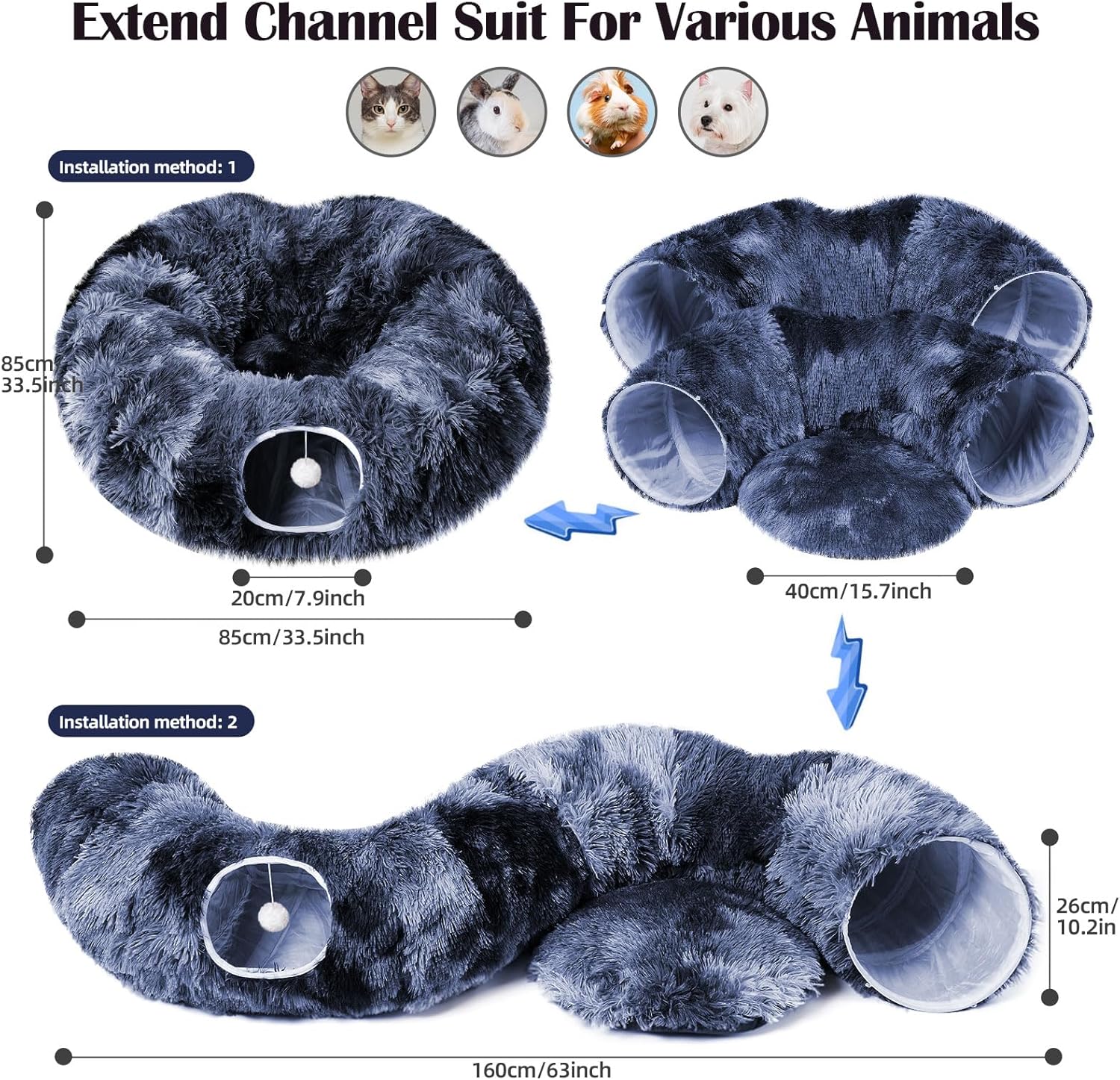 Odoland Cat Tunnels for Indoor Cats with Fluffy Plush Central Cat Couch and 20 Cat Toys, Tunnel Bed for Cats with Hanging Ball, Detachable Soft Mat and Variety Kitty Toy Set, Deep Blue - Pet Explorer