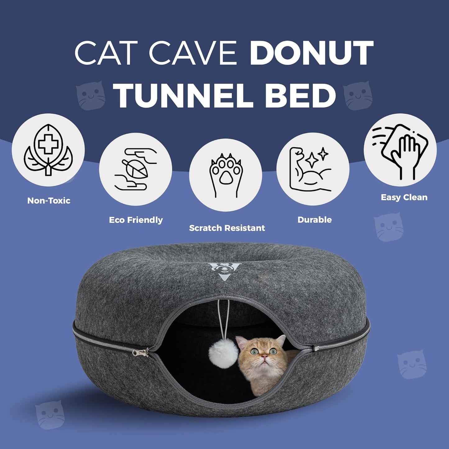 Premium Large Size 24 Inch Cat Tunnel Bed - With Upgraded Metal Zipper - Detachable Round Design - Washable - and Scratch Resistant - Includes 3 Toys and Removable Cushion - Pet Explorer