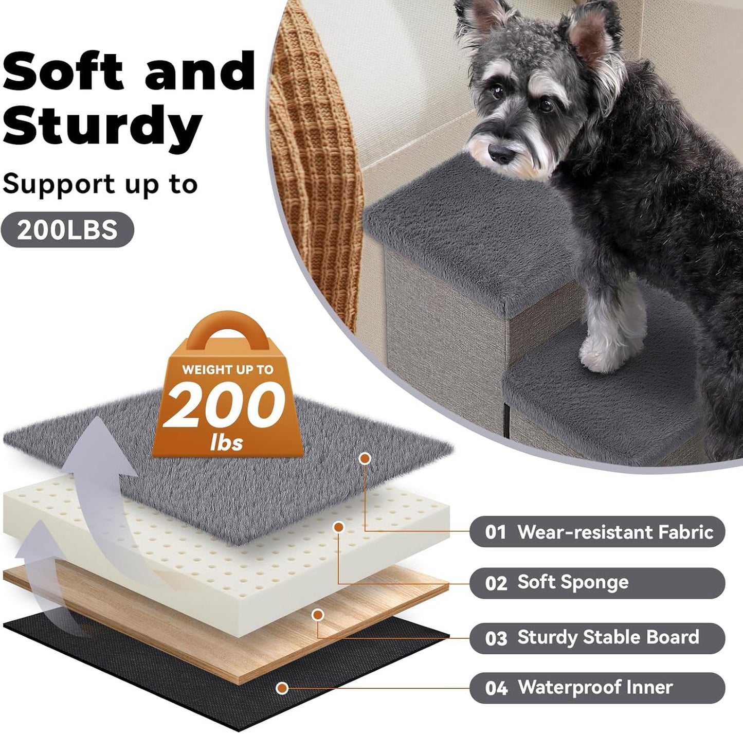Dog Stairs with Furry Lids 18" H, 3-Step Wider Dog Steps with Storage for Small/Medium/Large Old Dogs Cats, Folding Sturdy Pet Stairs Climbing Bed Couch, Ramp for Car Hold Up to 200 lbs, Grey - Pet Explorer