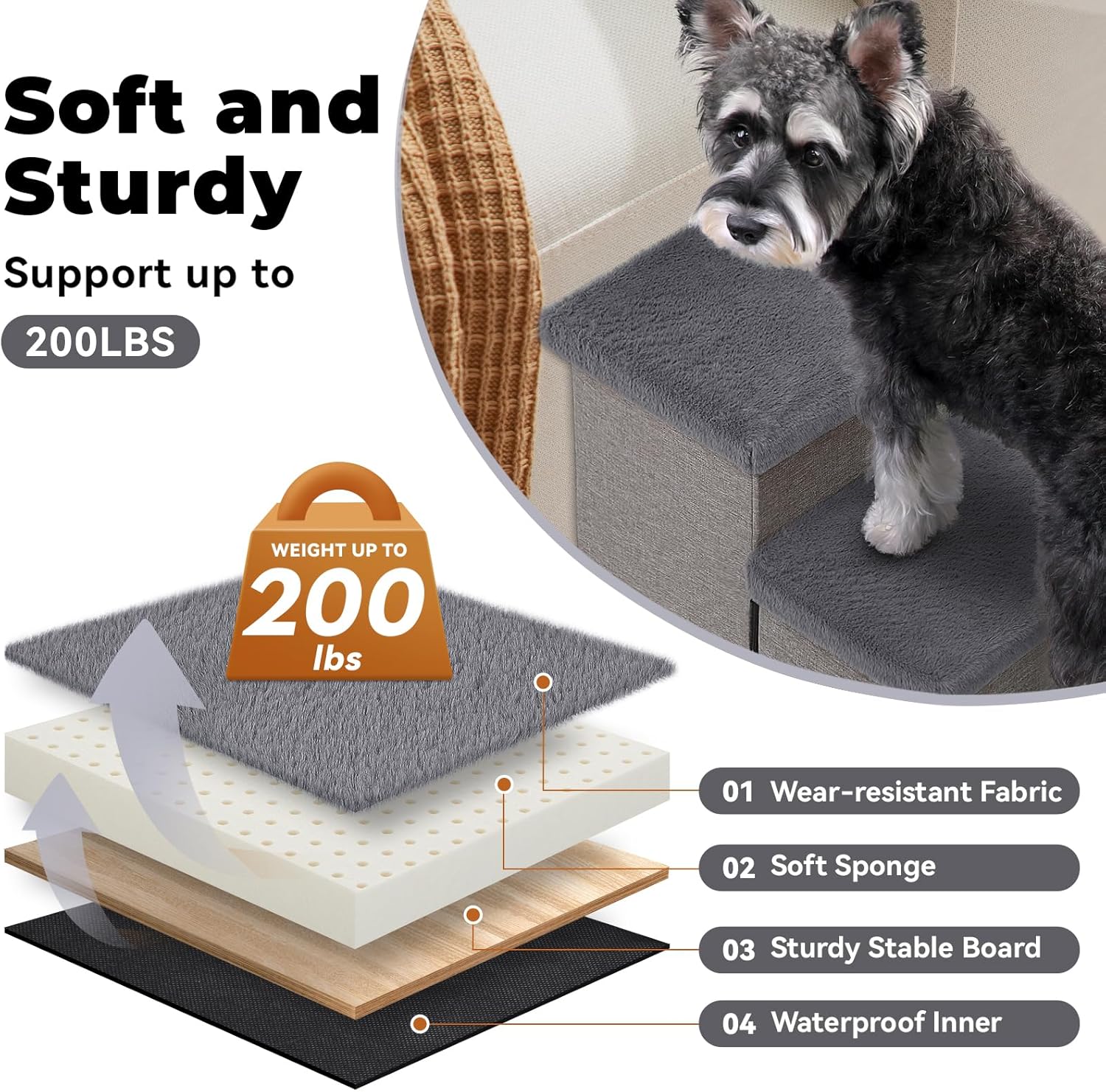 Dog Stairs with Furry Lids 18" H, 3-Step Wider Dog Steps with Storage for Small/Medium/Large Old Dogs Cats, Folding Sturdy Pet Stairs Climbing Bed Couch, Ramp for Car Hold Up to 200 lbs, Grey - Pet Explorer