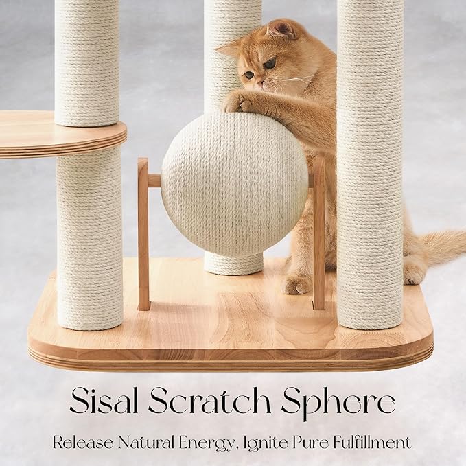 797Audio Modern Solid Wood Cat Tree Tower, 54" Tall Cat Tree with Scratching Posts, Capsule&Hammock, Luxury Natural Oak Wood Cat Tower, Aesthetic Multi-Level Cat Climbing Tree for Large Indoor Cats