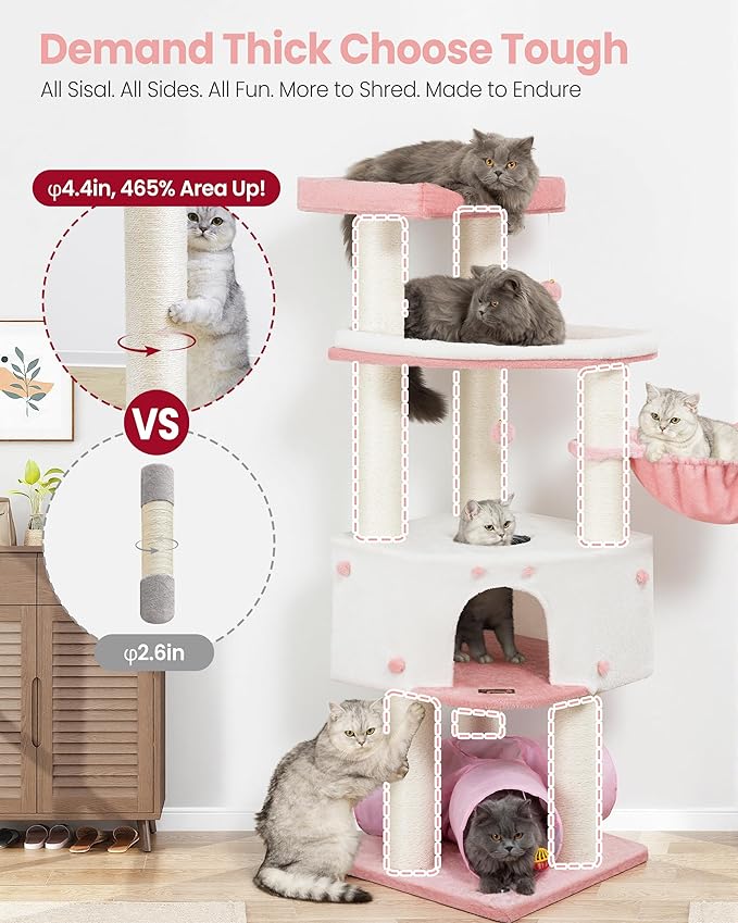 Heavy Duty Cat Tree for Large Cats Adult - 60 Inch XXL Sturdy Cat Tower Condo with Extra Wide Scratching Posts (φ4.4in) Big Cat House Hammock Perch - Indoor Wood Modern Multi Level Corner Cat Bed