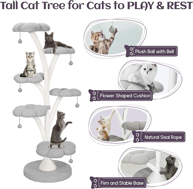 FKWin 71 Inch Tall Cat Tree, Flower Shape Scratching Post, Cat Scratcher, Cat Furniture for Indoor Cats, Kittens Pet House, Cat Bed with Hang Ball, Plush Cat Tower for Large and Small Cats(Gray)