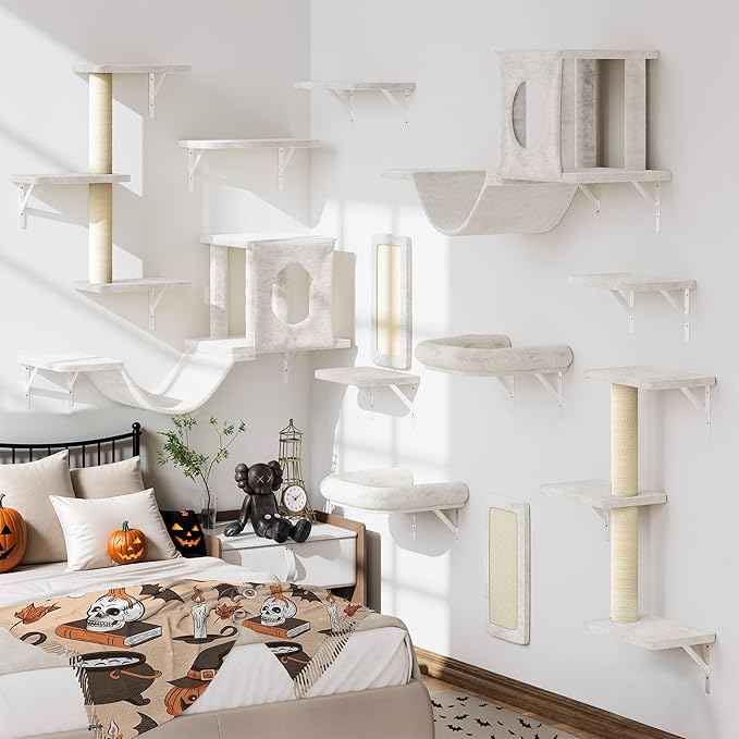 NUNU LAB Wall Mounted Cat Wall Shelves, 12-in-1 Cat Wall Climber with Condos House, Scratching Post, Bridge Ladder, Indoor Space-Saving Furniture for Kittens Play, Beige