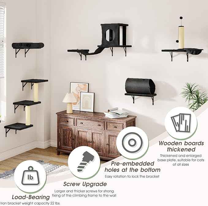 NUNU LAB Wall Mounted Cat Wall Shelves, 14-in-1 Cat Wall Climber with Bridge, Tunnel, House, Scratcher, Steps, Indoor Space-Saving Furniture for Kittens Play, Black
