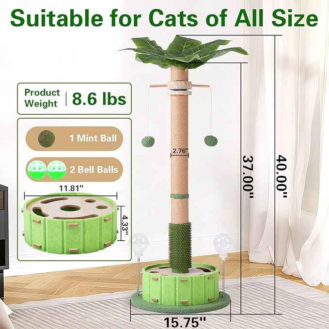 40" Tall Cat Scratching Post, Scratching Posts for Indoor Cats Adults and Kittens with Rotating Hanging Ball, Interactive Cat Puzzle Toy and Spring Cat Treat Dispenser, Palm Tree Scratch Post for Cats