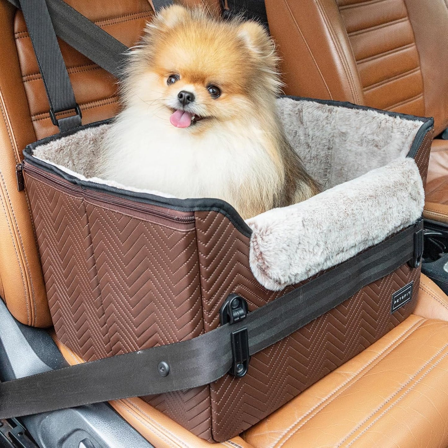 PETSFIT Car Seat for Dogs, Waterproof PU Leather Dog Car Seat for Small Dogs with Patent Safe Buckles, Clip-On Leash, Pet Travel Carrier Bed for Small Pets Up to 25lbs (Brown) - Pet Explorer
