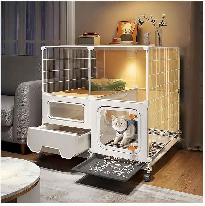 cat cage Indoor with Litter Box, Complimentary Bed, Bowl,Cleaning Three piece Set,cat Enclosure, Kennel,Pet Cage, Cat House with Wheels(28″(L) x18.1″(W) x32.3″(H)
