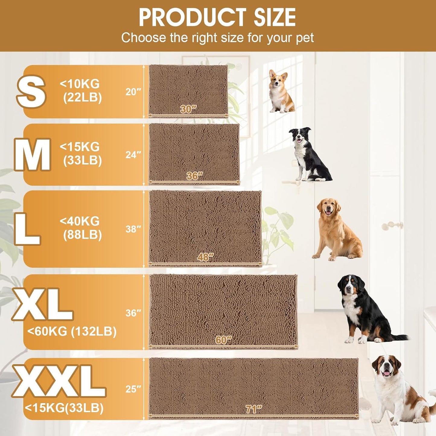 Dog Door Mats for Muddy Paws, Chenille Absorbent Door Mats, Non Slip Heavy Mud Mat for Dogs, Soft Indoor Door Mat for Entryway, Mud Paws, Inside Floor,36" X 24", Camel