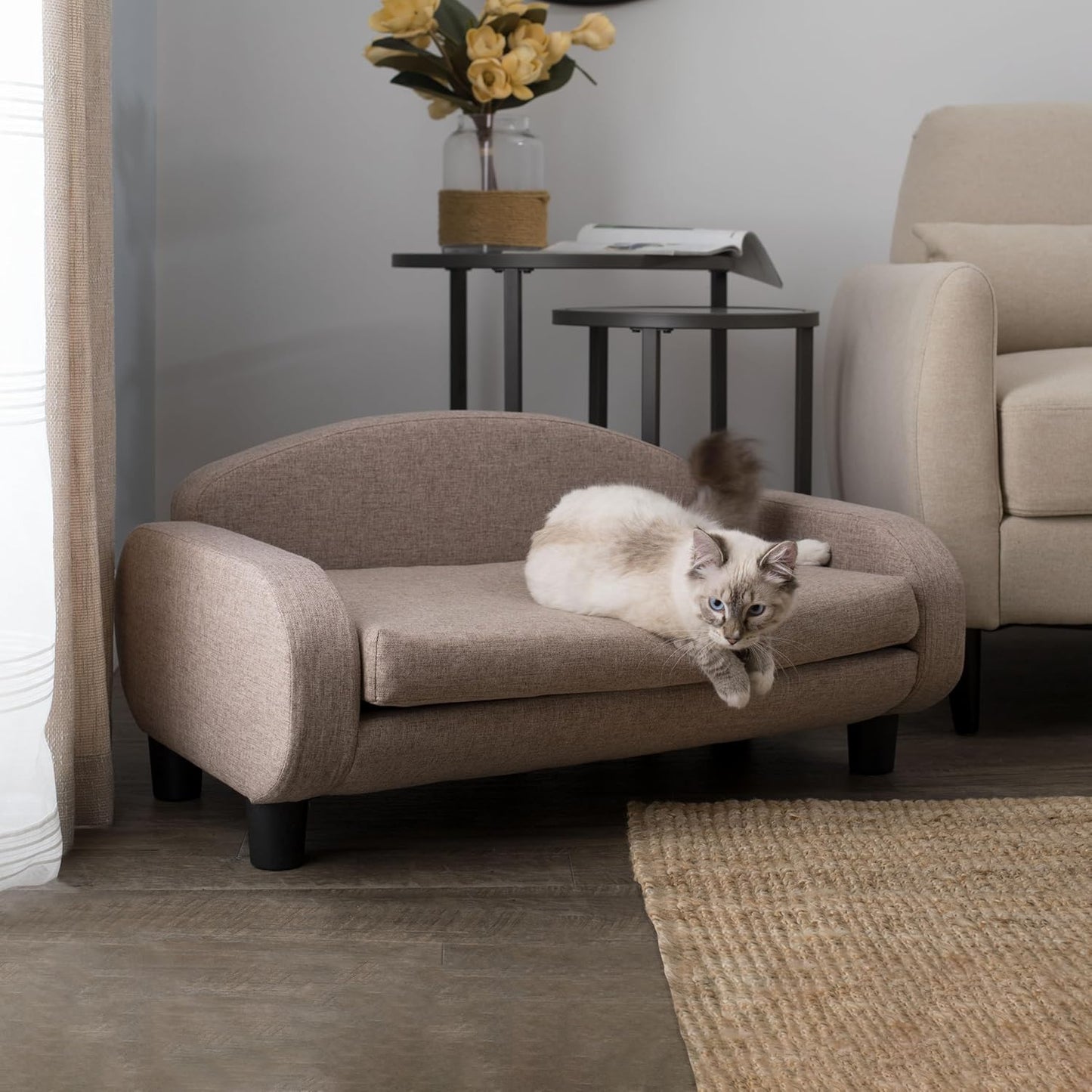Paws & Purrs Cat Sofa Bed, Pet Couch for Indoor Cats Elevated Cat Beds with Removable Washable Mattress Cover for Kitten, Puppy or Small Animal- 31.5" Wide, Sand - Pet Explorer