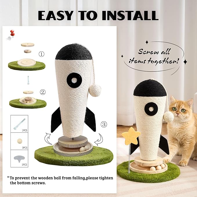 Cat Scratching Post, Rocket Cute Sisal Cat Scratcher with Durable Solid Wood Turntable Toy, Cat Scratch Post Red Cat Scratcher with Spinning Star Toy for Indoor Adult Cats