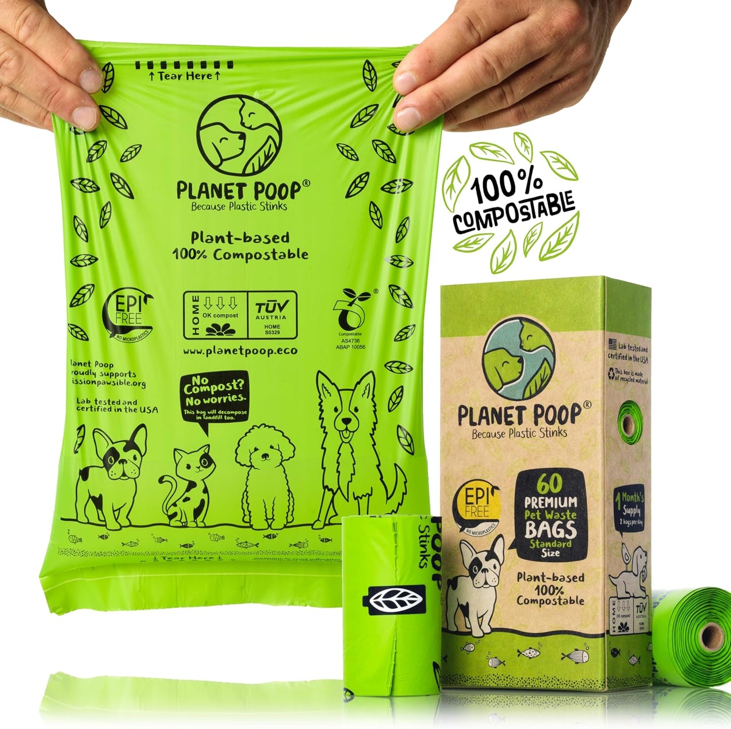 PLANET POOP Home Compostable Dog Poop Bags on Refill Rolls, 60 Un-Scented Pet Waste Bags, Thick Leakproof Plant-Based Doggy Bag, Cat & Dogs Supplies - Pet Explorer
