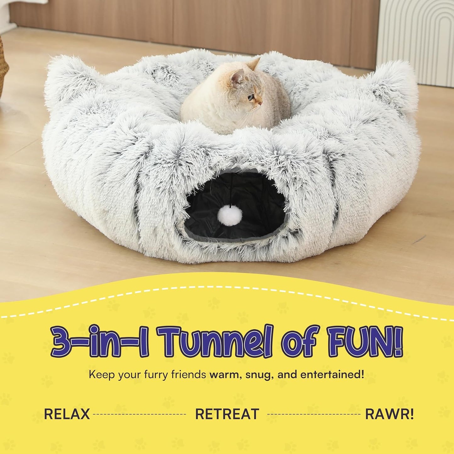 Cat Tunnel Bed Cave with Catnip Toys - Peekaboo Cat Hideaway & Cat Donut Tunnel - 3-in-1 Cat Tunnels for Indoor Cats - Foldable Cute Cat Bed - 32" Washable - Pet Explorer