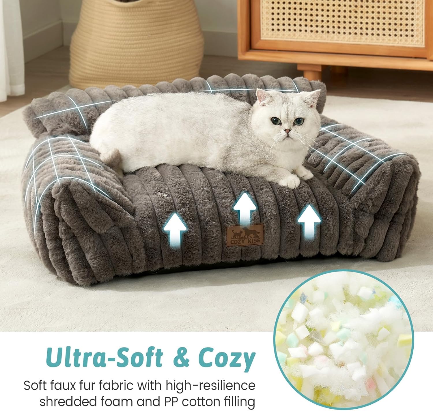 Cute Cat Couch, Premium Plush Faux Fur Pet Couch Bed, Ultra-Soft Pet Furniture for Cats & Small Dogs (Grey, M: 31.5''x23.5'') - Pet Explorer