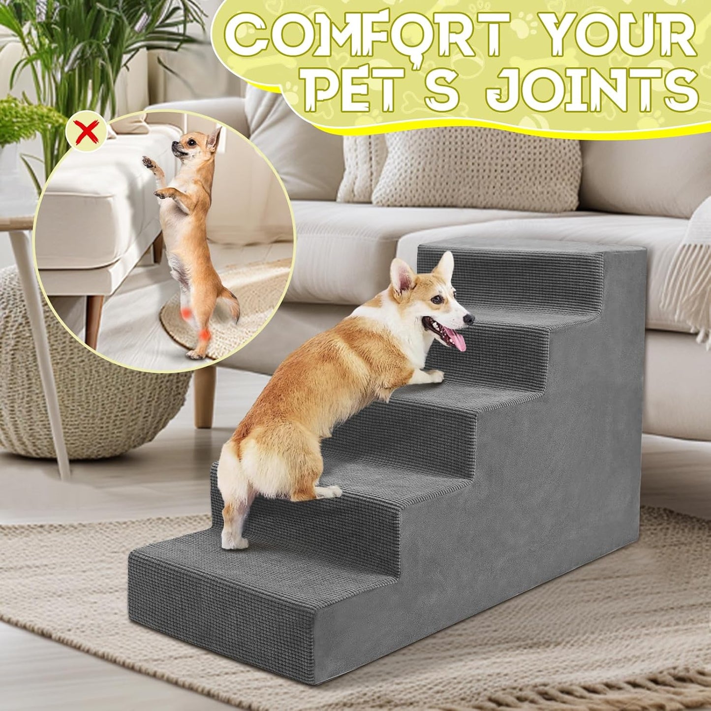 Niubya Dog Stairs for Small Dog and Cats,23”H Non-Slip Bottom Pet Steps for High Beds and Couch,High-Density Foam Pet Stairs Grey,5 Steps - Pet Explorer